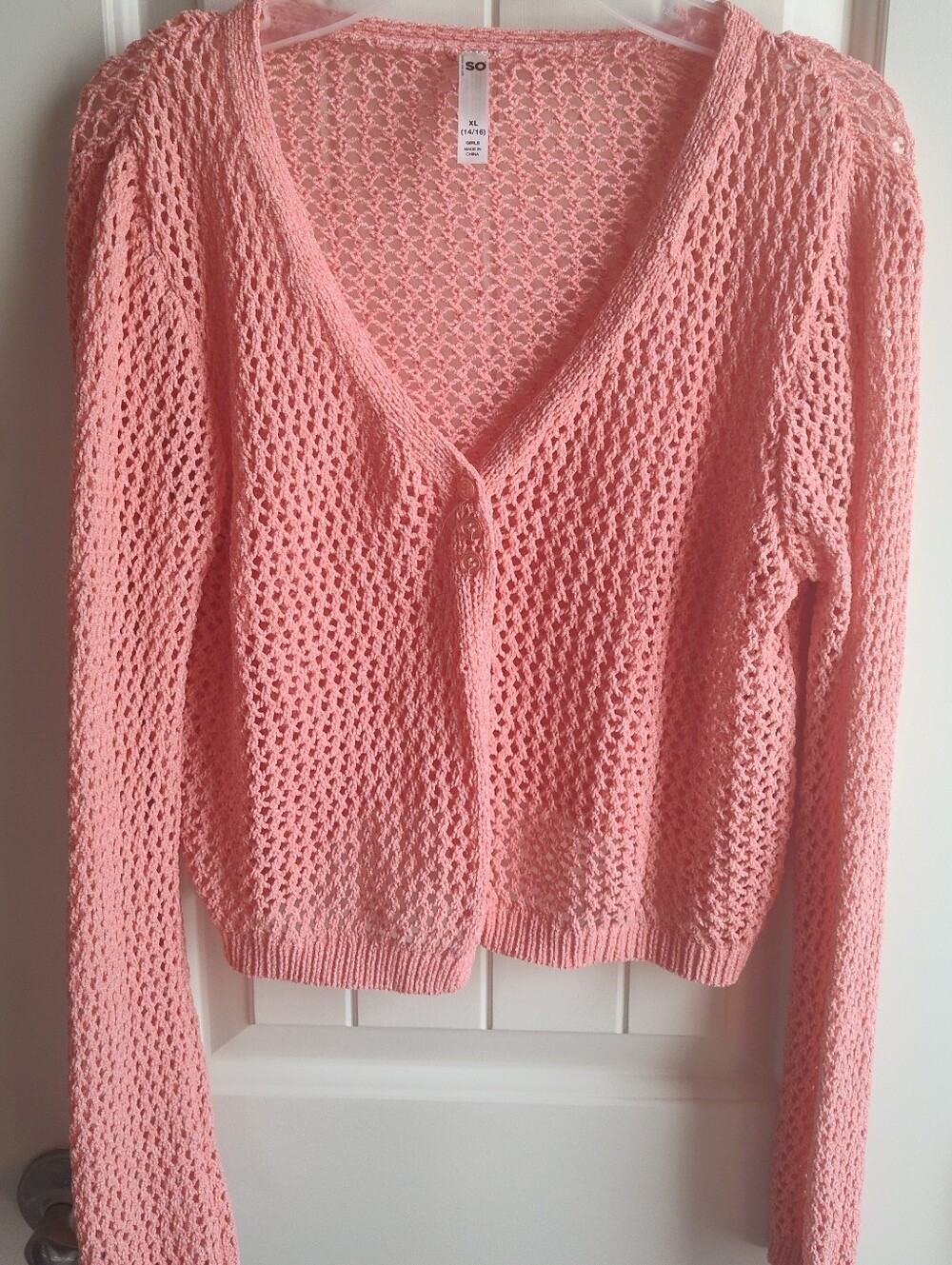 SO Open-Knit V-Neck Button-Front Cardigan- Coral